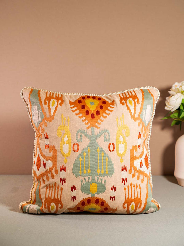 IKKAT-CUSHION WITH EMBROIDERY-LIGHT BROWN