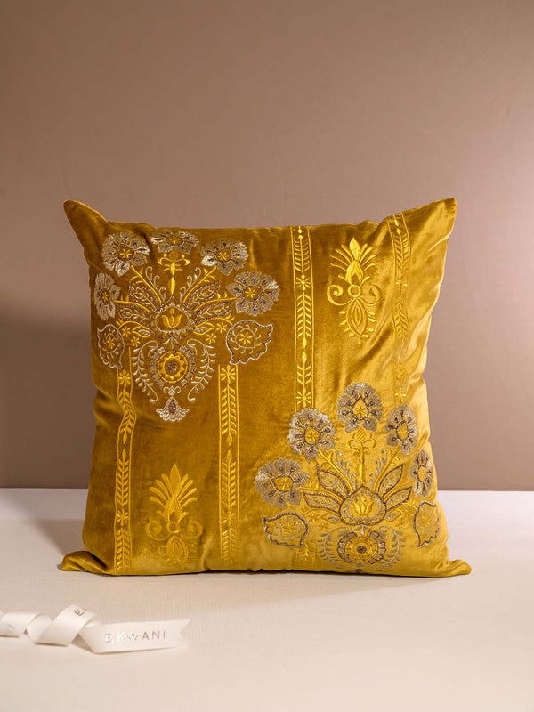 MUGHAL-BASE FABRIC VISCOSE VELVET WITH AARI AND ZARI EMBROIDERY AND INHANCING WITH BADLA WORK-CUSHION