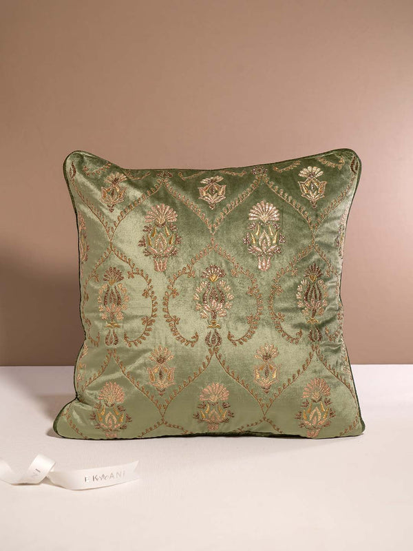 MUGHAL-BASE FABRIC VISCOSE VELVET WITH AARI AND ZARI EMBROIDERY AND INHANCING WITH BADLA WORK-CUSHION