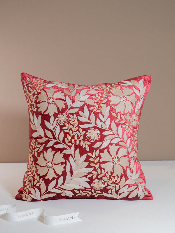 Pomegranate Viscose Velvet With Thread & Zari Embroidery Maroon Cushion