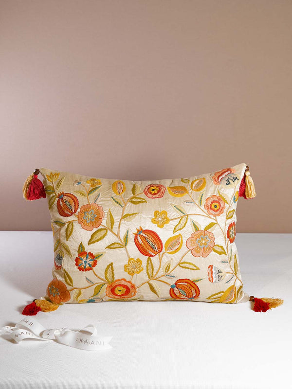 Pomegranate Dubion Silk With Multicolor Thread Embroidery Ivory Cushion