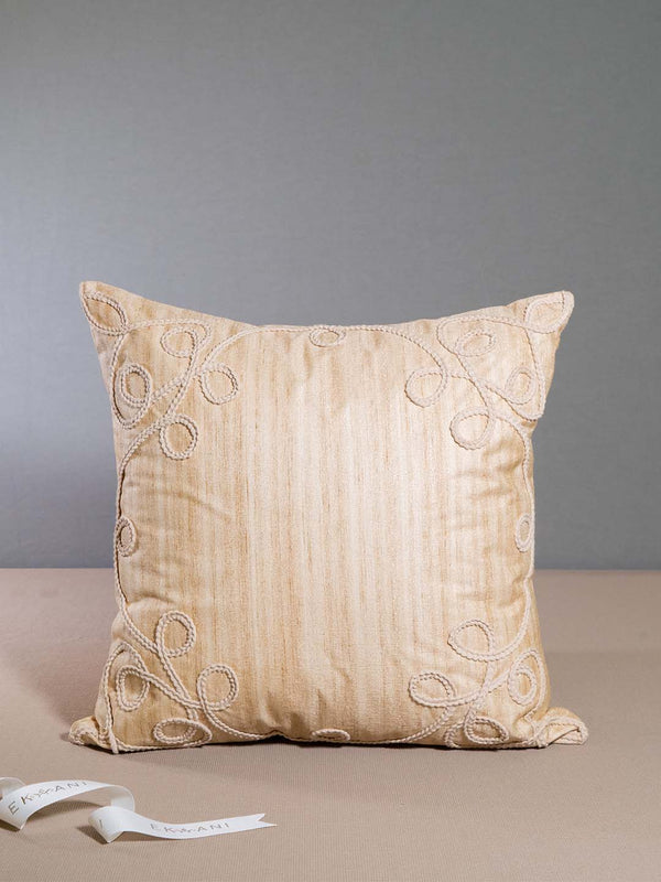 Pomegranate Faux Raw Silk With Lace Embroidery Beige Cushion