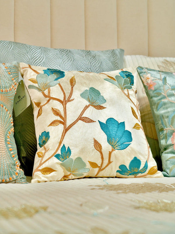 Lotus Dubion Silk Thread & Zari Embroidery Ivory Cushion