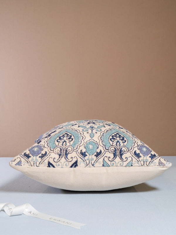 Indigo Cotton Textured Slub With Aari & Thread Embroidery Ivory Cushion