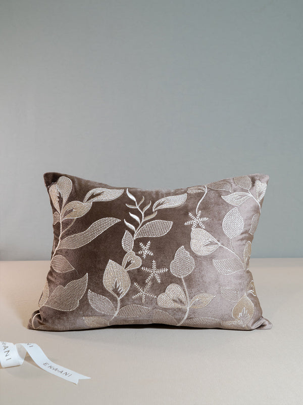 Nature Viscose Velvet With Zari & Thread Embroidery Chocolate Brown Cushion