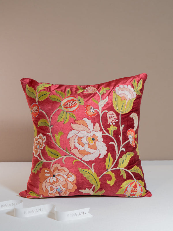 Pomegranate Viscose Velvet With Thread & Zari Embroidery Maroon Cushion