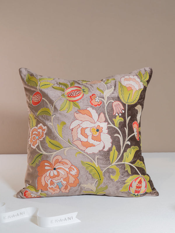 Pomegranate Viscose Velvet With Thread & Zari Embroidery Chocolate Brown Cushion
