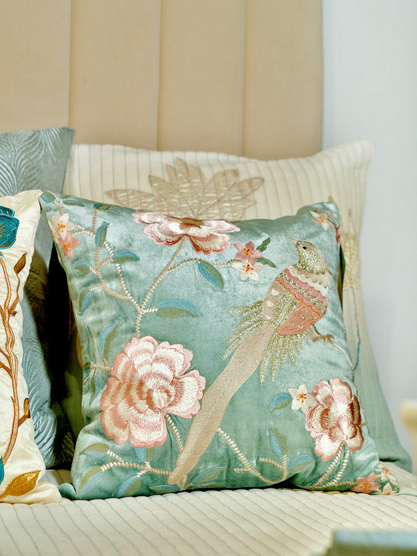 Lotus Viscose Velvet With Thread & Zari Embroidery Teal Cushion