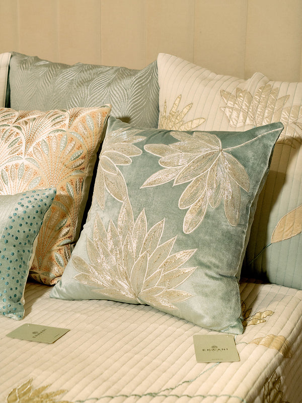 Lotus Lily With Zari Work On Viscose Velvet Teal Cushion