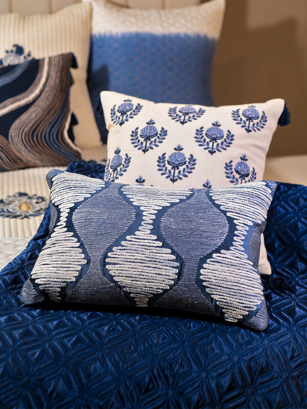 Indigo Cotton Textured Slub With Thread Embroidery & Adda Work Ivory Cushion