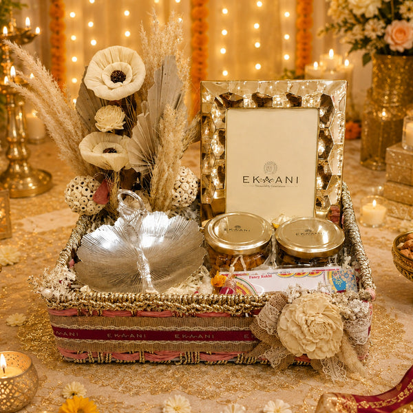 Rakhi Hamper with Photo Frame & Silver Platter