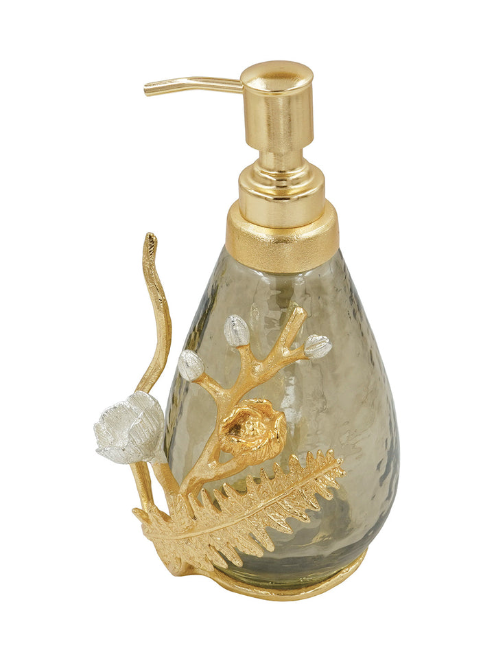 Buy Soap Dispenser Silver, Gold Finished Aluminum & Textured Brown Luster Glass With Flower