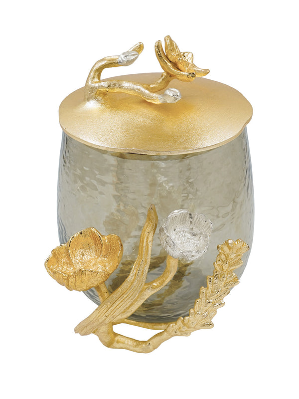 Buy Cotton Jar Silver, Gold Finished Aluminum & Textured Brown Luster Glass With Flower