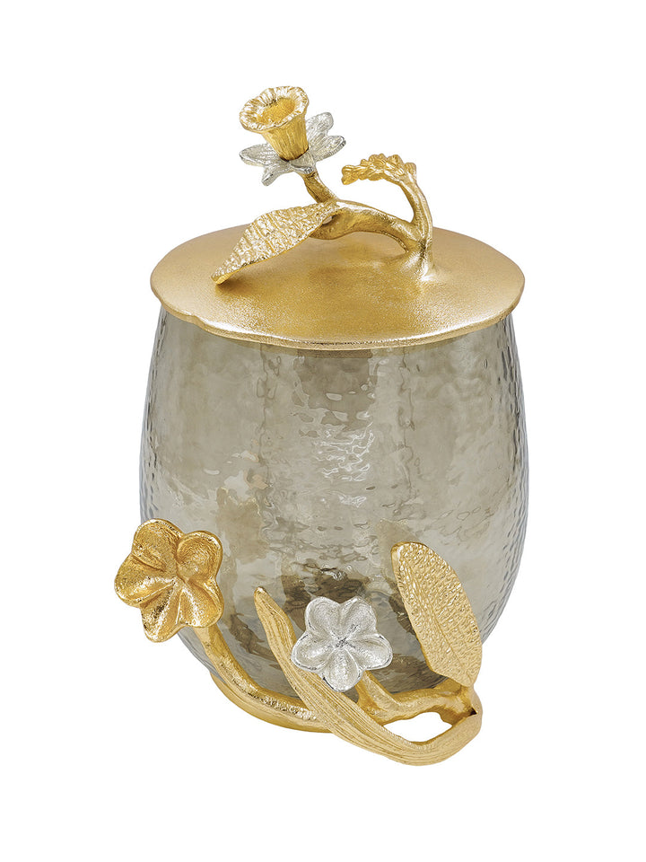 Buy Jar (Small) Silver, Gold Finished Aluminum & Textured Brown Luster Glass With Flowers