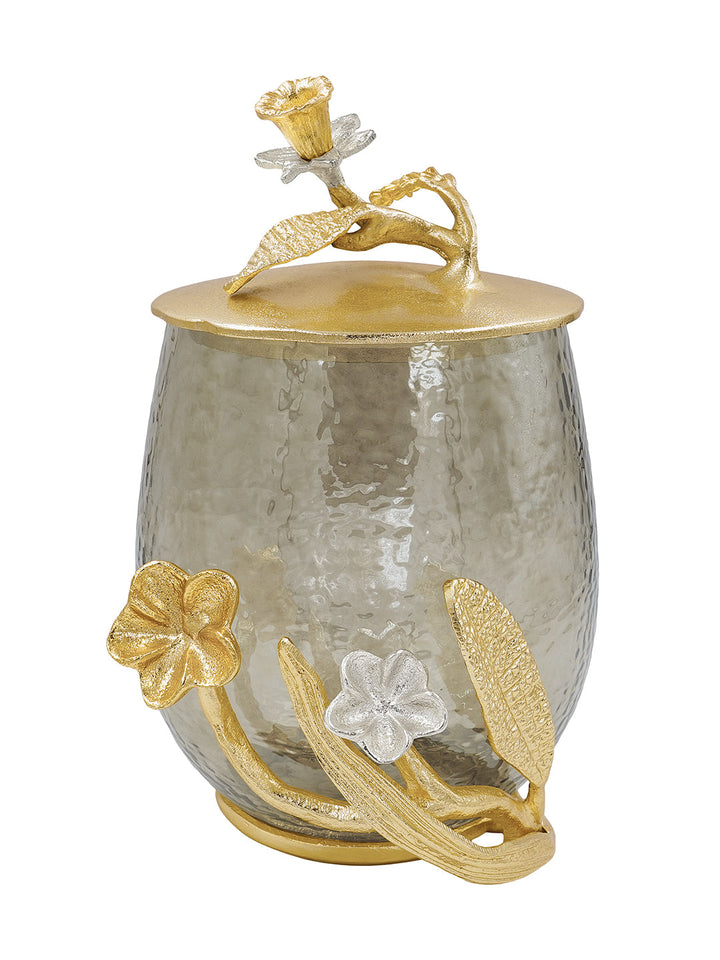 Buy Jar (Small) Silver, Gold Finished Aluminum & Textured Brown Luster Glass With Flowers