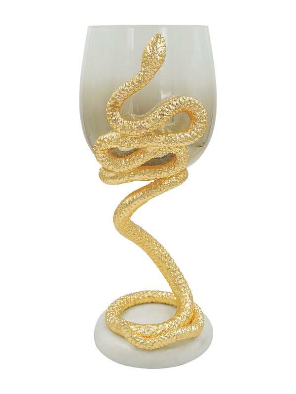Buy Pillar Candle Holder (Small) Serpent Gold Finished Aluminum With Gradient White And Brown Luster Glass, 18Mm White Marble Base