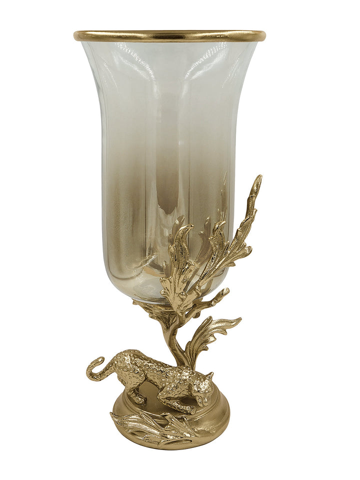 Buy Vase (Large) Leapord Brass Antique & Gold Finished Aluminum With Textured Half Smoke Luster Glass