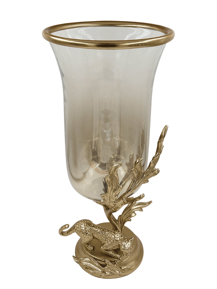 Buy Vase (Large) Leapord Brass Antique & Gold Finished Aluminum With Textured Half Smoke Luster Glass
