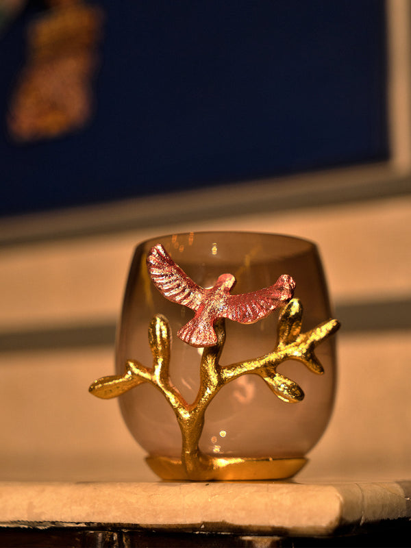 Bird Votive Holder With Pink Glass