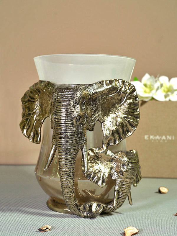 Pair Of Elephant Candle Holder With Cream Glass